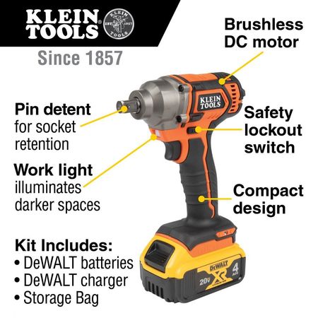 Klein Tools Battery-Operated Compact Impact Wrench, 1/2-Inch Detent Pin, Full Kit BAT20CW1